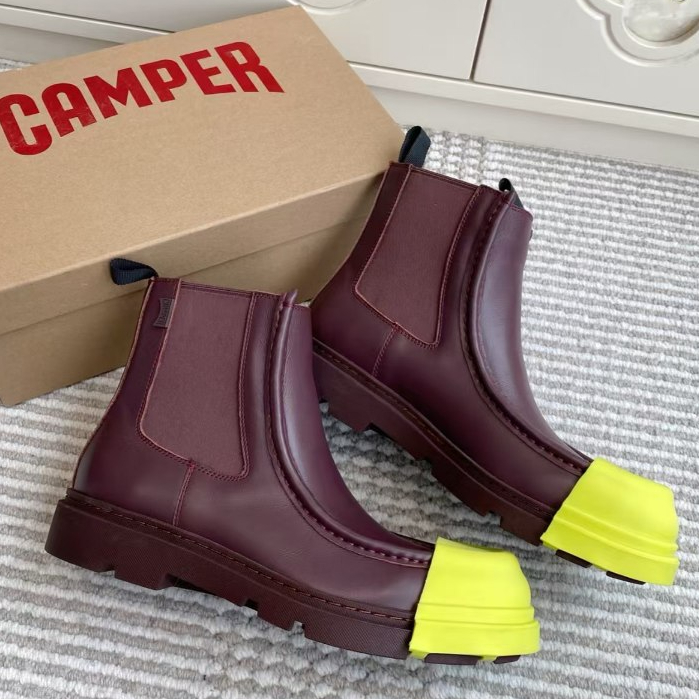 CAMPER Leather Fashion Trendy Short Chelsea Boots Unisex Wine Red