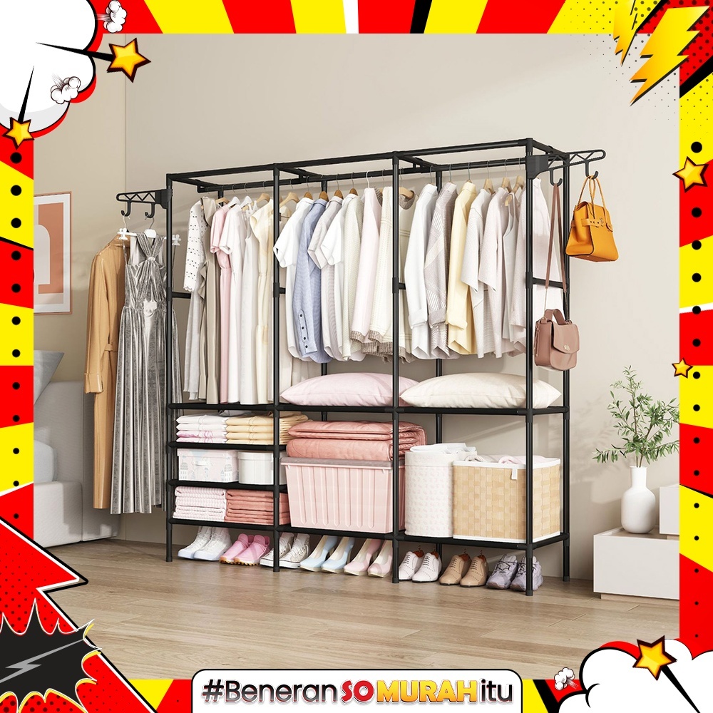 Rak Baju Gantung Minimalis 2 Sekat Lemari Pakaian Gantungan Tas Topi Praktis Terbuka