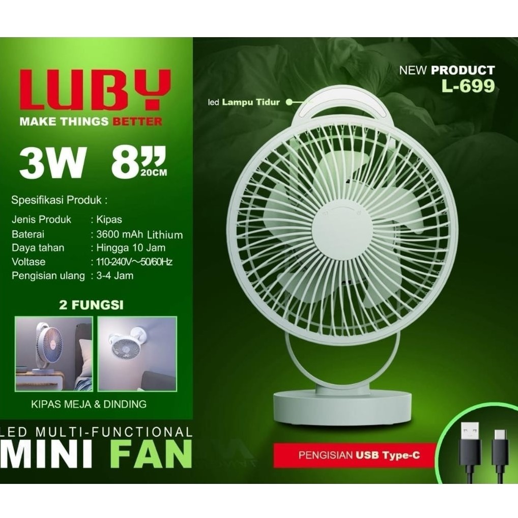 Luby Kipas Angin Meja dan Dinding + Lampu Tidur / Kipas Luby L699 Rechargeable