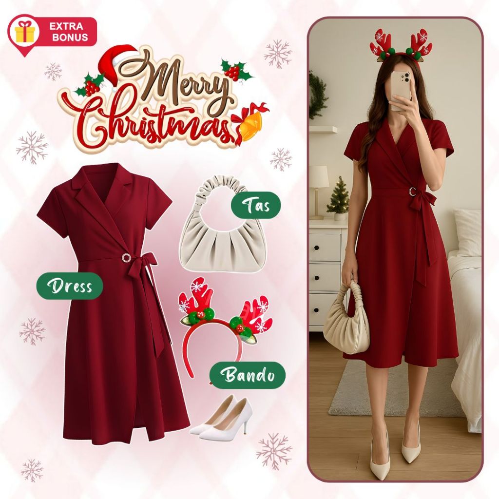 One Set 3in1 Dress Tas Kerut Shoulder Bag Bando Tanduk Rusa Natal | OOTD wanita cewek modern stylish