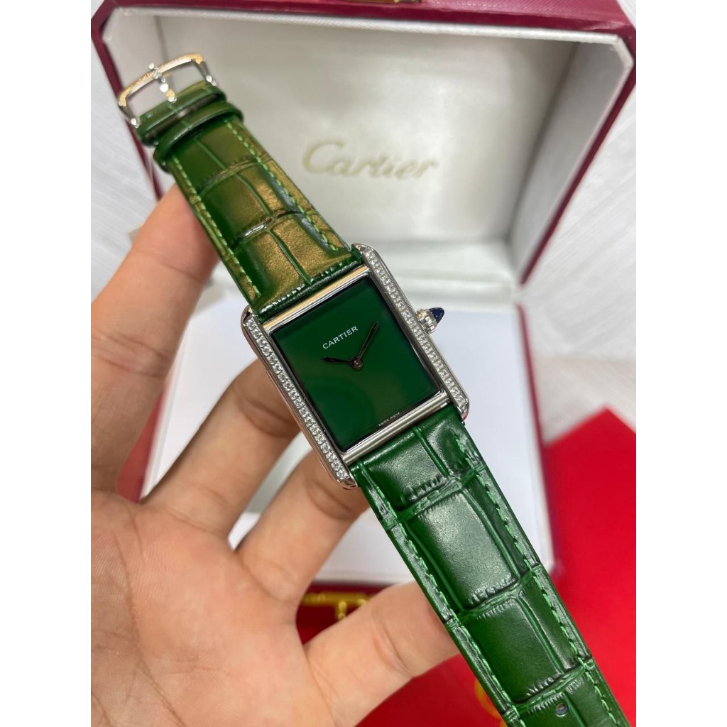 Jam Tangan Cartier Tank Must Large - Green Lacquered Alligator Leather Strap