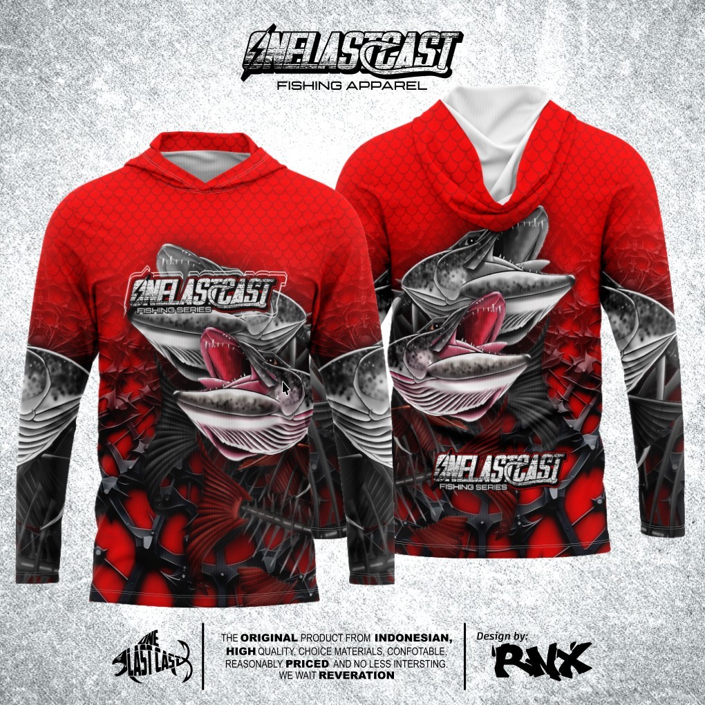 ONELASTCAST Baju Mancing / Jersey Mancing Model HOODIE / KUPLUK Motif RED FISH MONSTER BISA CUSTOM