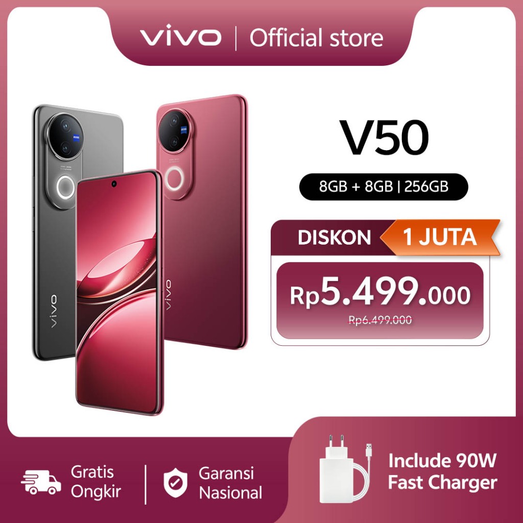 [ONLINE EXCLUSIVE] vivo V50 5G (8/256) Rounded-edge Design, ZEISS Group Potrait, 6000mAh Battery+90W