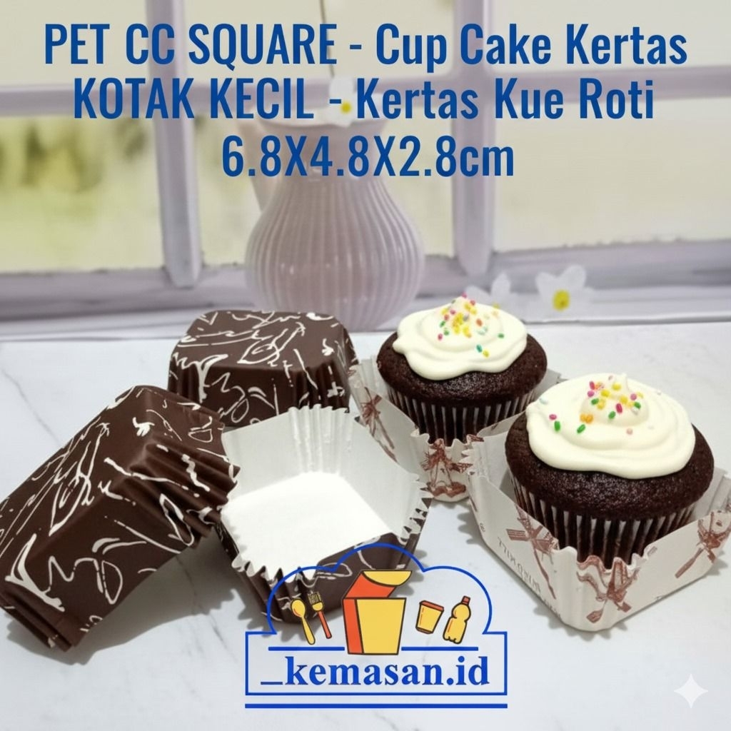 PET CC SQUARE - Cup Cake Kertas KOTAK KECIL - Kertas Kue Roti 6.8X4.8X2.8cm -50PCS