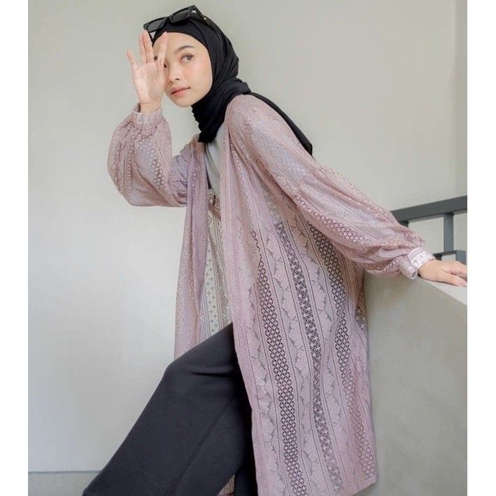 Outer Brokat Kondangan Kekinian Cardigan Wanita Panjang Lengan Balon Bahan Brokat Premium terkini pa