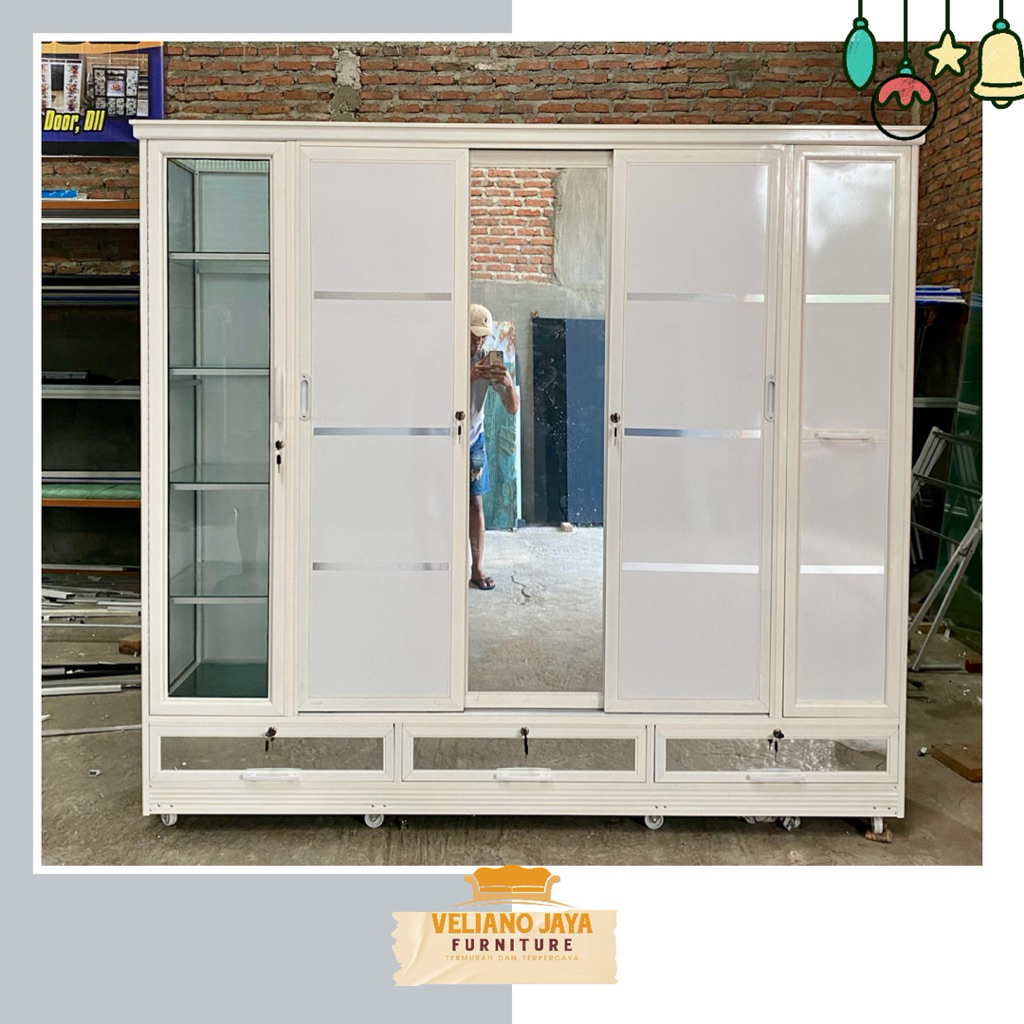 Lemari 3 Pintu Sleding + Tas + Hijab + 3 Laci // Bahan Alumunium Kaca & Acp