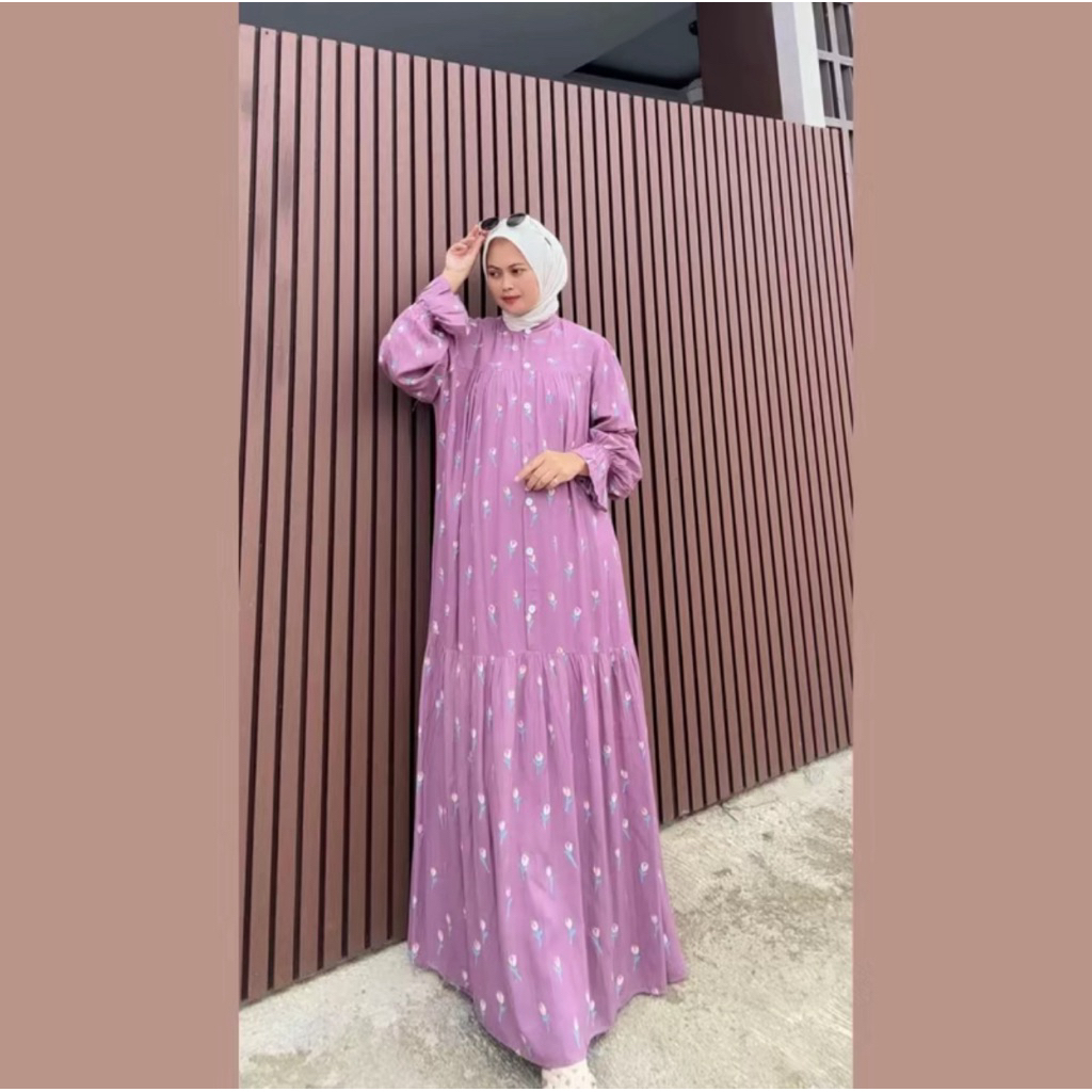Gamis Rayon Motif Premium Lengan Balon Gamis Rempel Kancing Busui Friendly