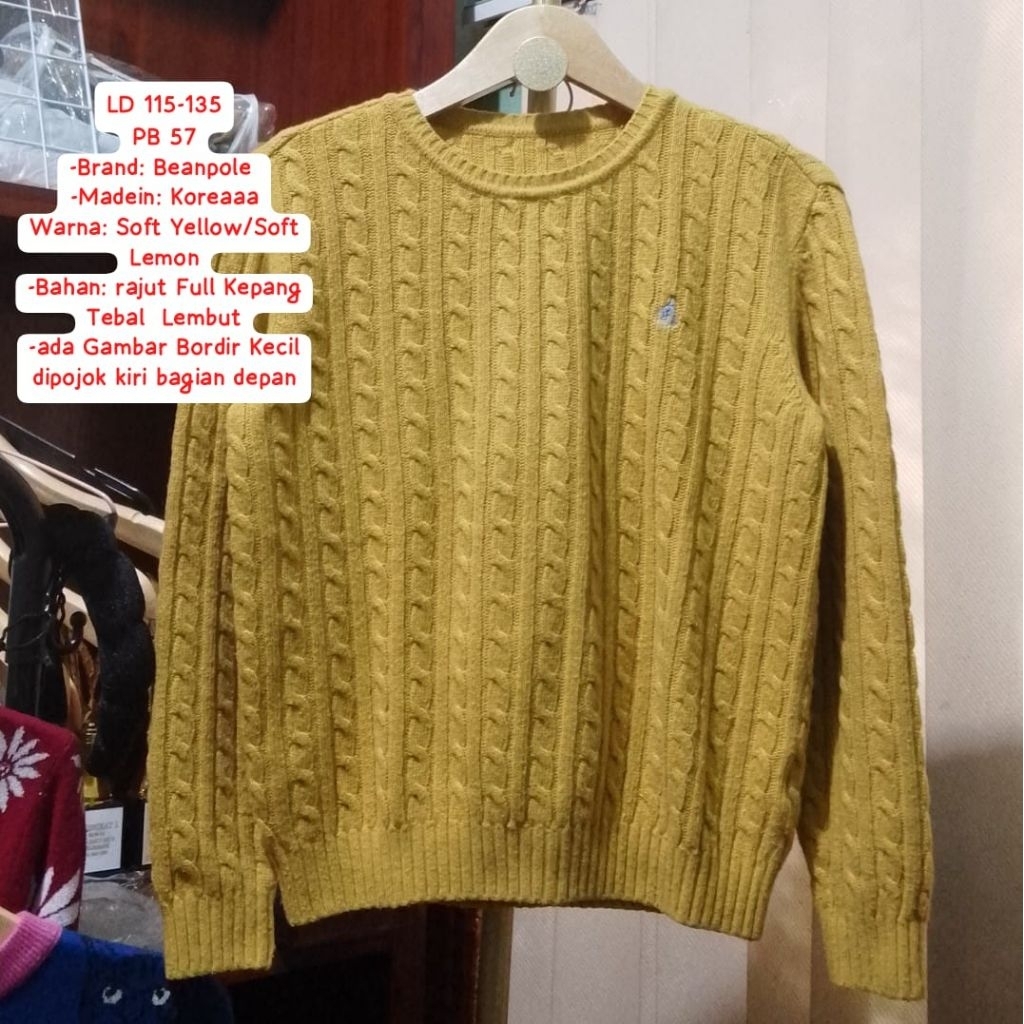 Baju Atasan Sweater Rajut Lembut Full Kepang Depan Belakang | Sweater Rajut Kepang Kuning Lemon