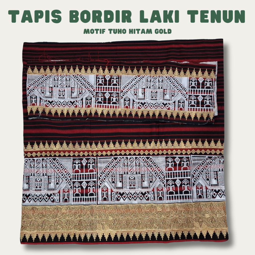 Kain Tapis bordir lampung bahan tenun laki - Motif tuho hitam gold