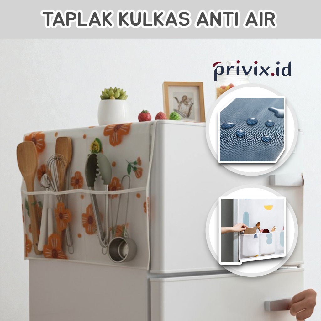 Taplak Kulkas Tahan Air Dengan Saku / Penutup Kulkas Estetik Anti Debu / Taplak Kulkas Tahan Air 1 P