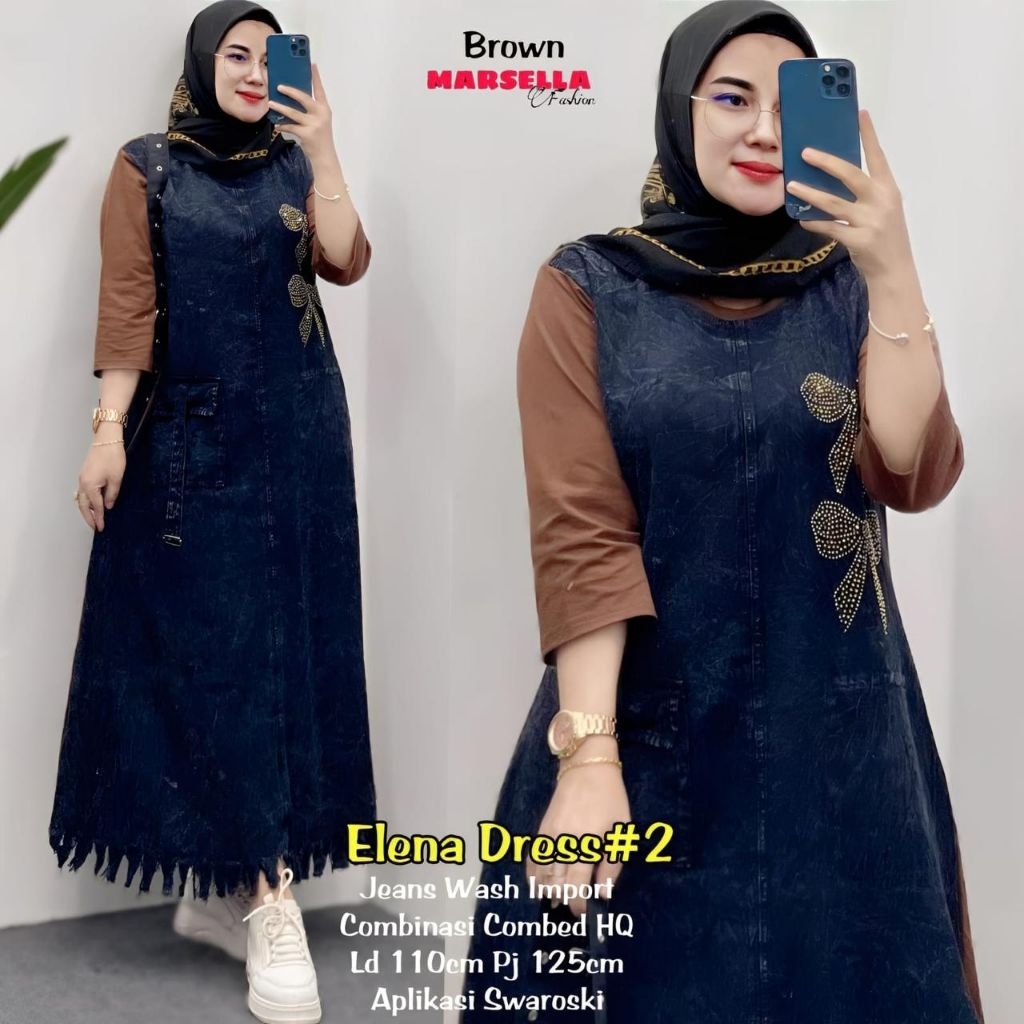 Elena Dress Jeans Wash Import Kombinasi Combed HQ – Dress Muslim Modis Aplikasi Swarovski Lengan 3/4