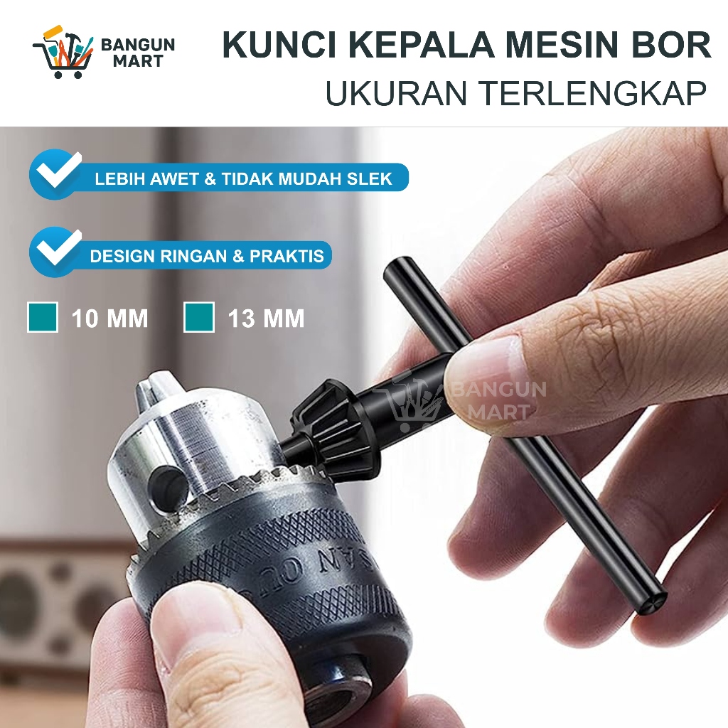 Kunci Kepala Mesin Bor 10mm 13mm - Kunci Bor FREED 10 mm 13 mm Hitam / LAGI PROMO Kunci Kepala Bor L