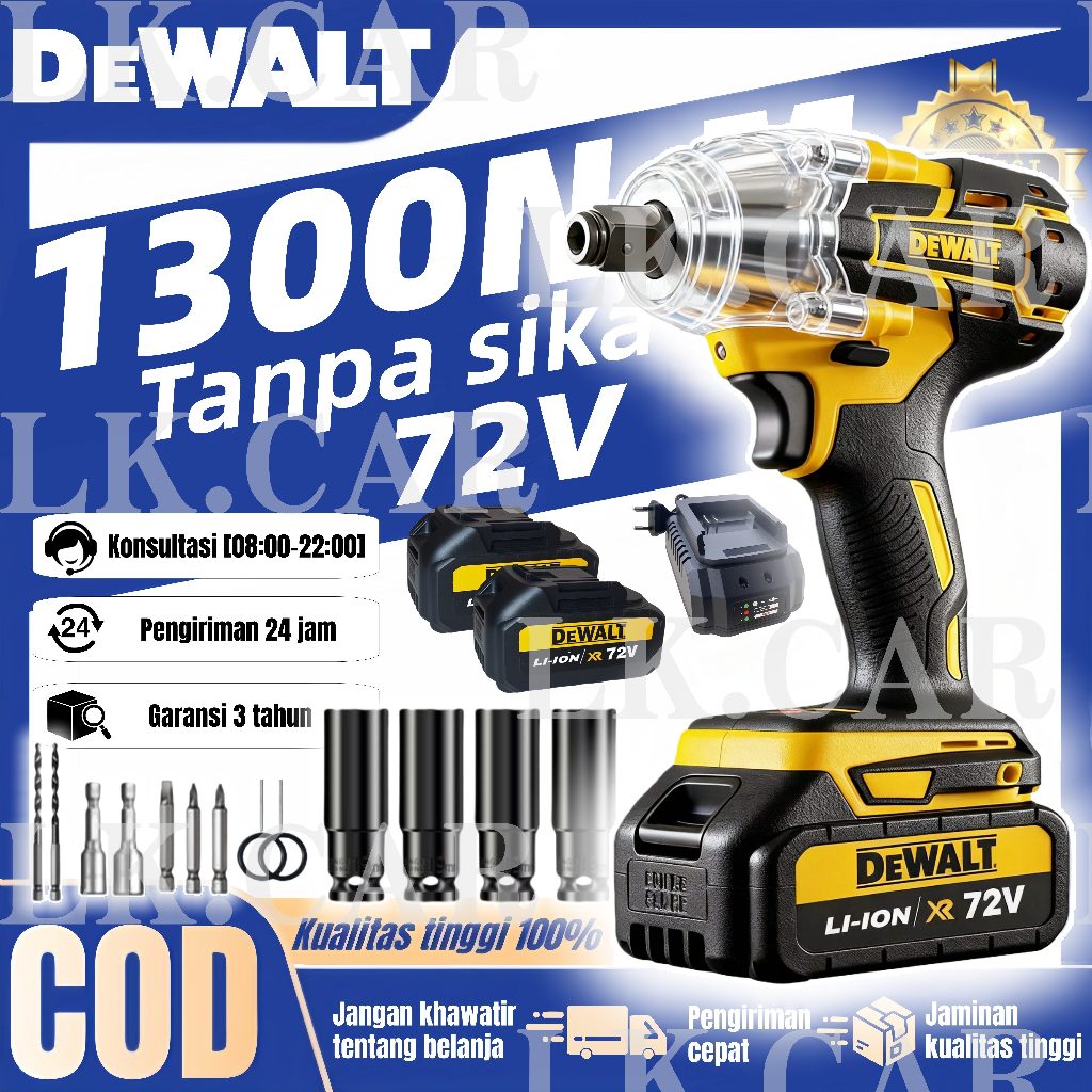 DEWALT Impact Wrench Cordless Kunci Dampak Tanpa Sikat  Kunci Listrik Tanpa Kabel Baterai Lithium 72
