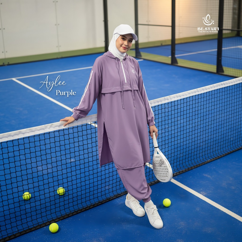 BE.SYAR'I - Aylee Sporty Syari Set Purple Lilac | Baju Setelan Muslimah Padel Hoodie Premium Sporty