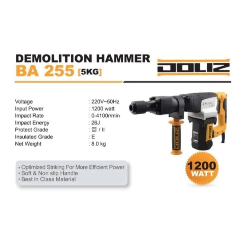 DOLIZ BA255 Demolition Hammer 1200w | Mesin Bor Bobok Beton Doliz BA-255