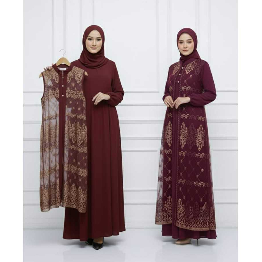 Set Gamis Mewah 2in1 Inner Brukat Outer Terbaru Bahan Ceruty Babydol Mix Brukat Gamis Burgundy Busui