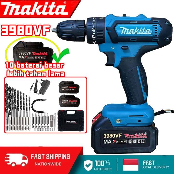 Makita HP331 Bor Tangan 3980VF Bor Nirkabel Dampak Pengeboran Rig Obeng Listrik[Tingkatkan 10 batera