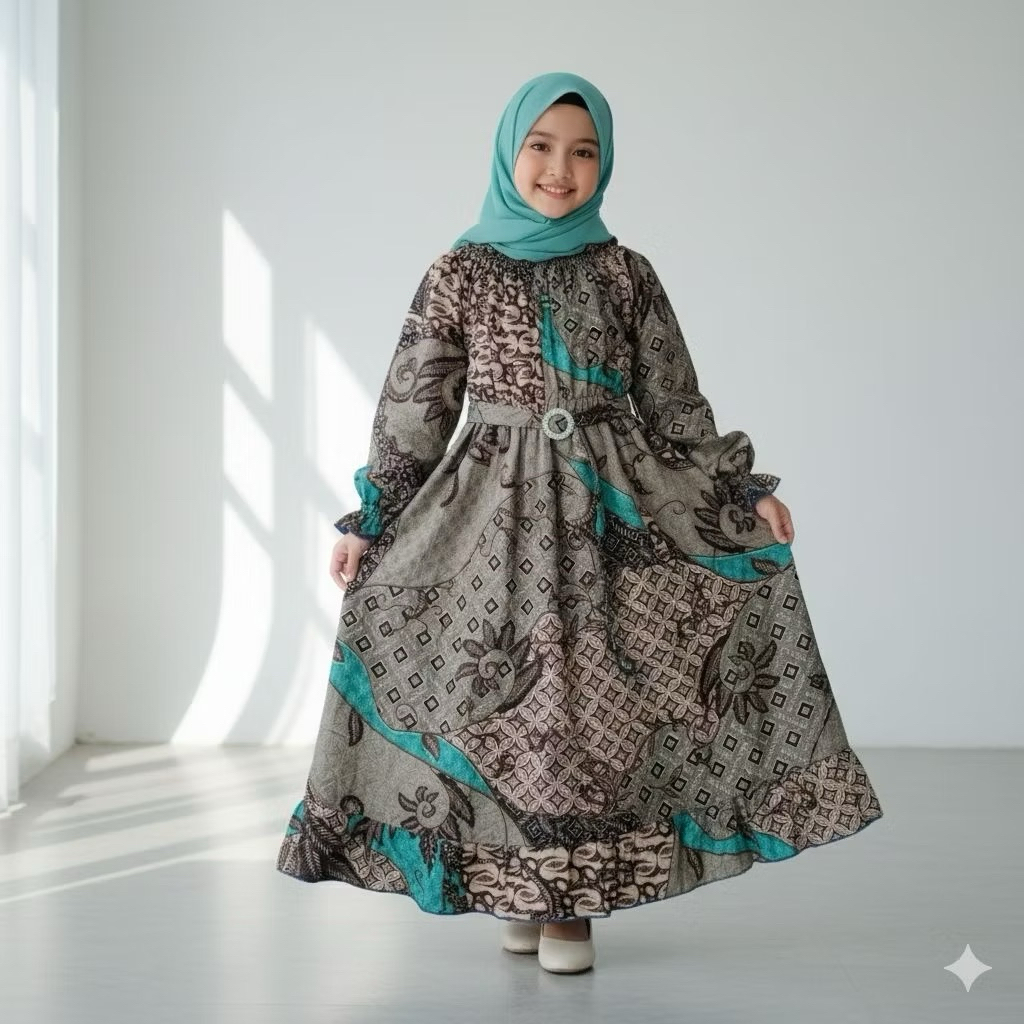 gamis anak perempuan model baru full batik tanpa hijab 5-7 tahun