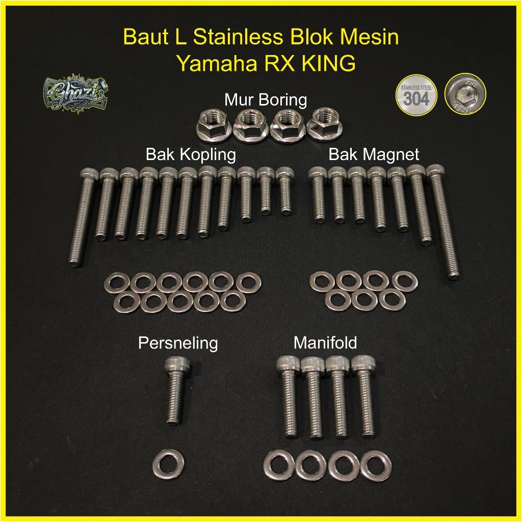 Ghazi Baut Mesin YAMAHA RX KING Baut L Stainless THE Anti Karat  100% FULL SET RX KING