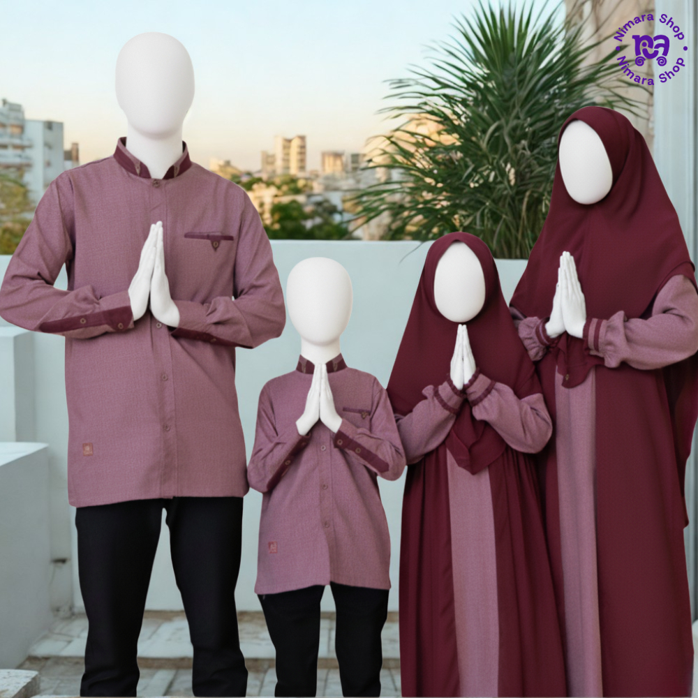 Sarimbit Keluarga Madina Maroon Baju Lebaran Couple Gamis Koko Muslim Family Set Premium Terbaru