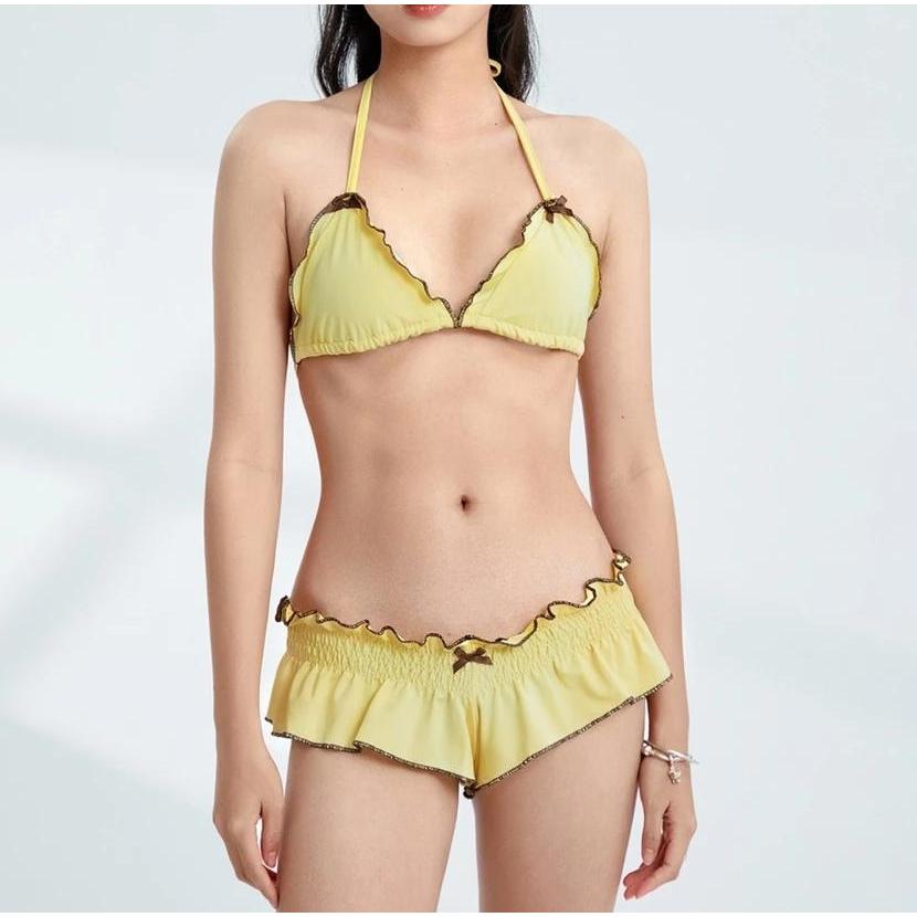 Women Cute Bow Bikini Set Sexy Halter Triangle Bathing Suit Ruffle Shorts String Thong Swimsuit