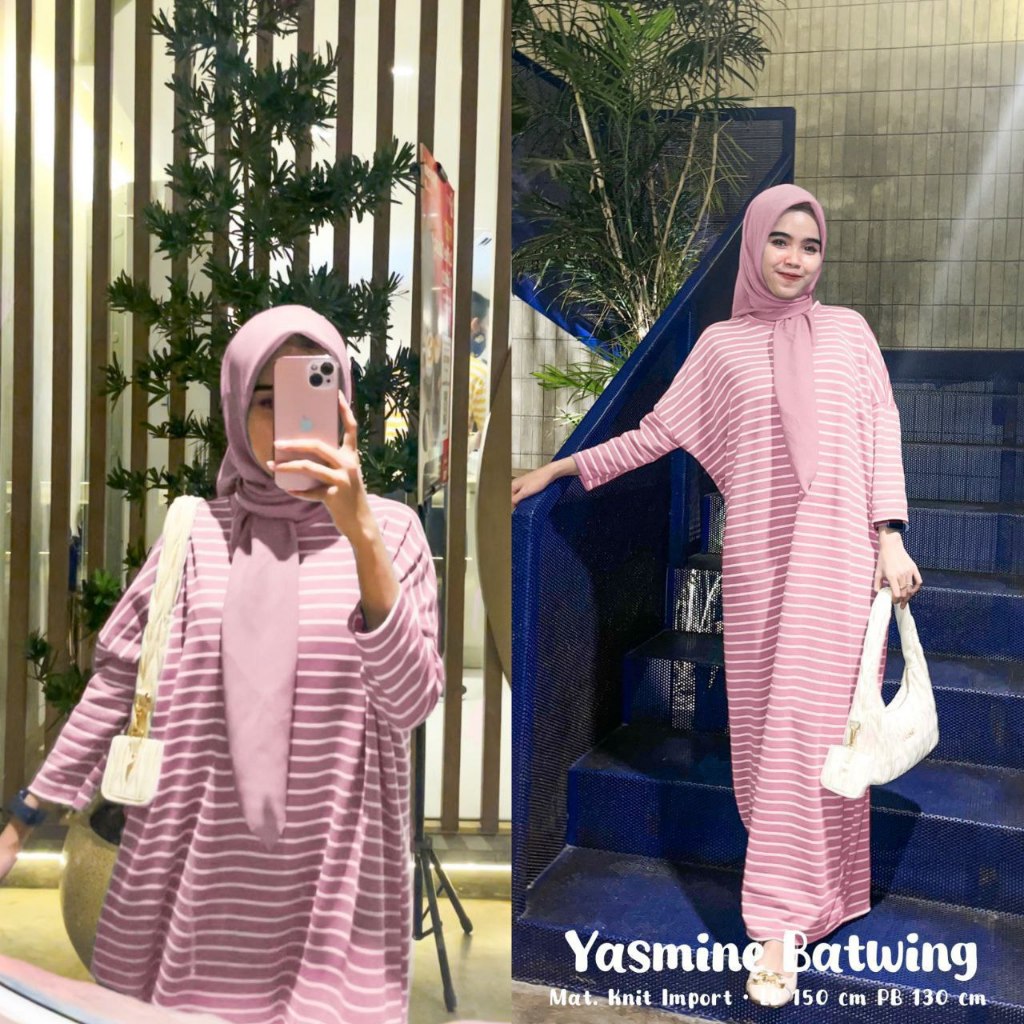 Batwing Knit Yasmine Motif Salur Gamis Knit Lengan Panjang LD 150