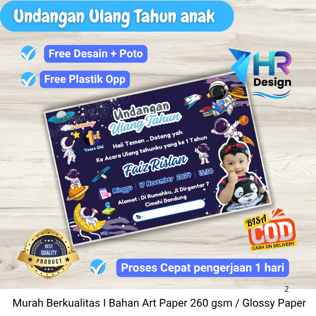 [PROMO 100 Pcs] Kartu Undangan Ulang Tahun Anak Tema Astronot / undangan ultah anak HR_DESIGN