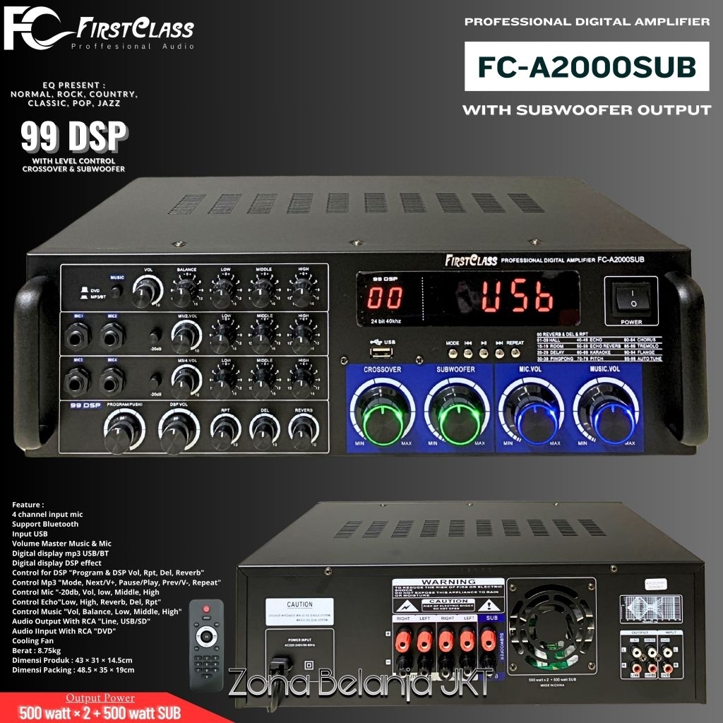 POWER AMPLIFIER KARAOKE FIRSTCLASS FC A2000SUB 2 X 500 WATT + OUTPUT SUBWOOFER 500 WATT USB BLUETOOT