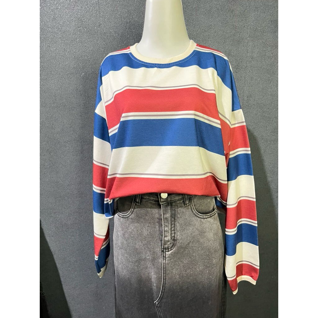 [Prelovedbydewi] Crewneck Crop Wanita Oversize Salur