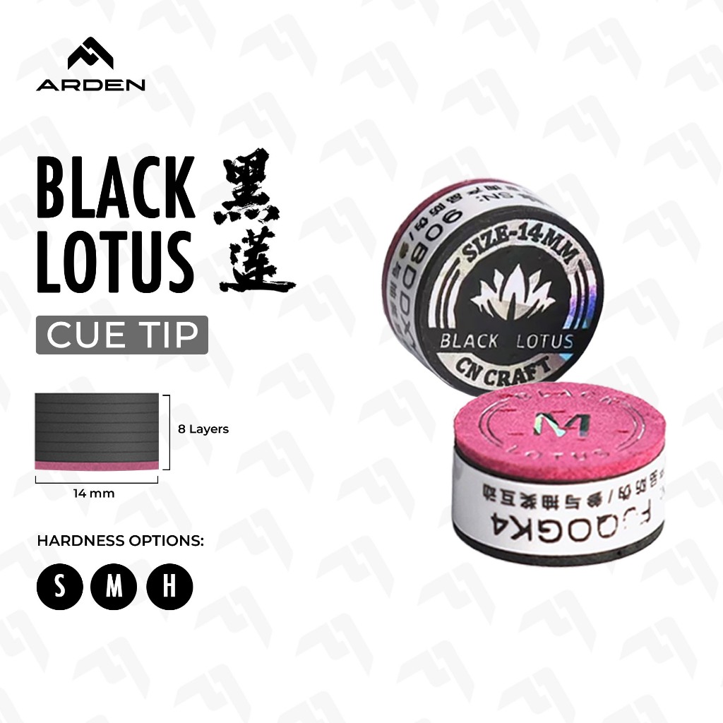 Arden Black Lotus Cue Tip 14mm Tip Biliar Premium 8 Layer (Soft / Medium / Hard)