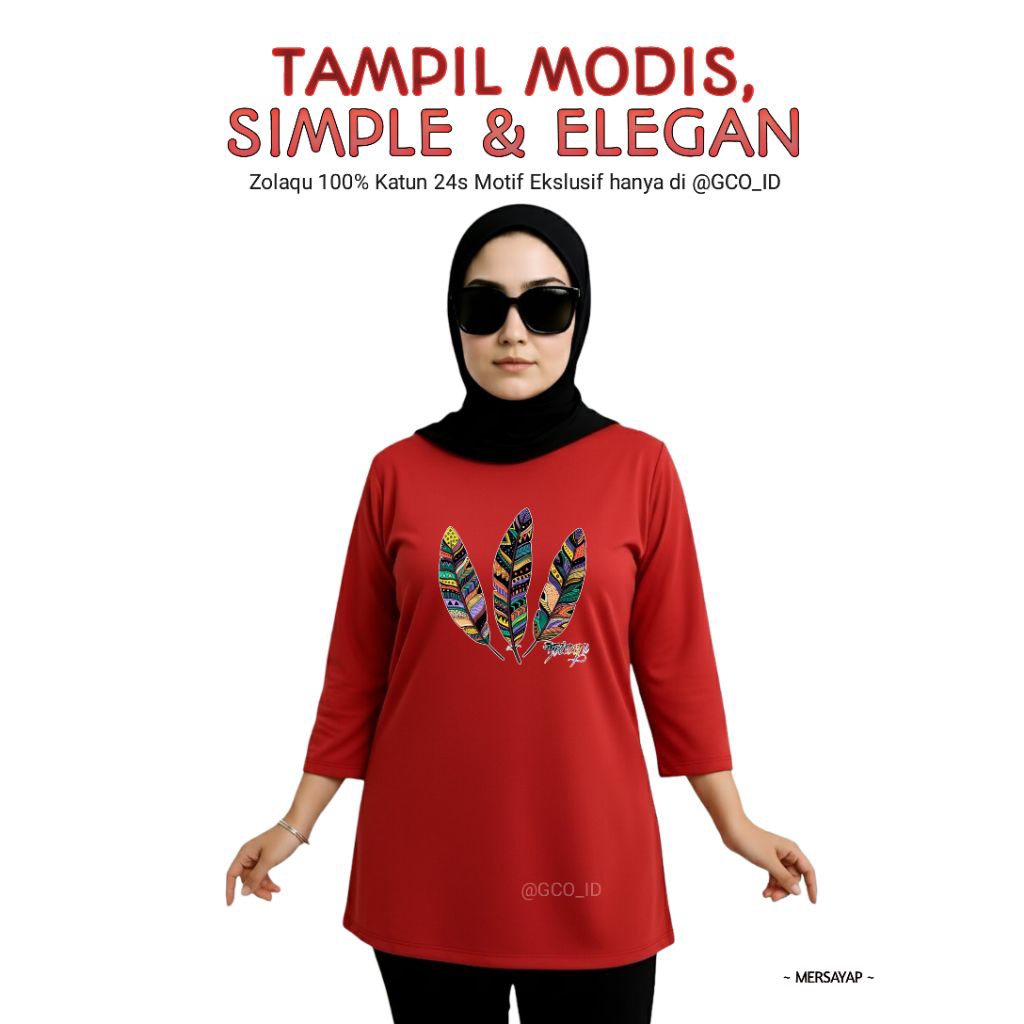 Semi Tunik Original Zolaqu Official Terbaru 2025 | Kaos Wanita ZLQ Merah Motif Sayap Ekslusif Lengka