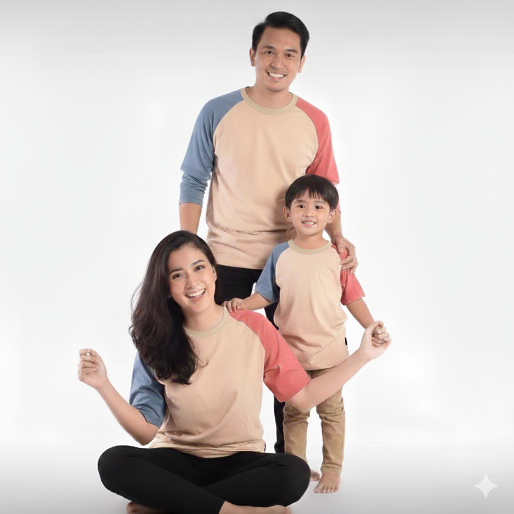 (PREMIUM QUALITY) DENIM - BEIGE - PEONY PINK RAGLAN : KAOS COUPLE KELUARGA RAGLAN 3 WARNA/ KAOS COUP