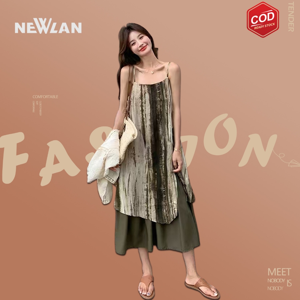 Newlan QZ267 Tanktop Dress Panjang Bali Daster Retro Style Tie Dye Low Collar Suspender Dress Elegan