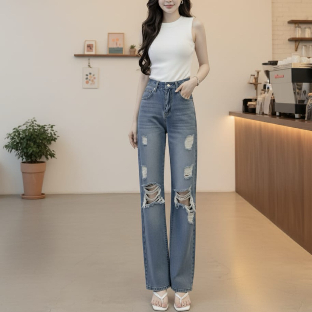 Celana panjang jeans haigwaist wanita wide jeans regular/ Celana jeans wanita longgar ripet