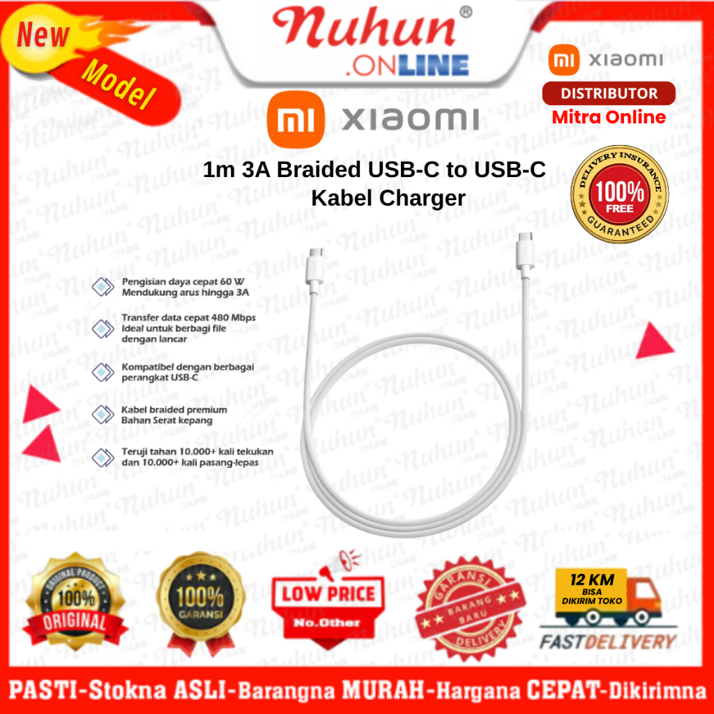 Xiaomi Kabel Charger 1m 3A Braided USB-C to USB-C Original