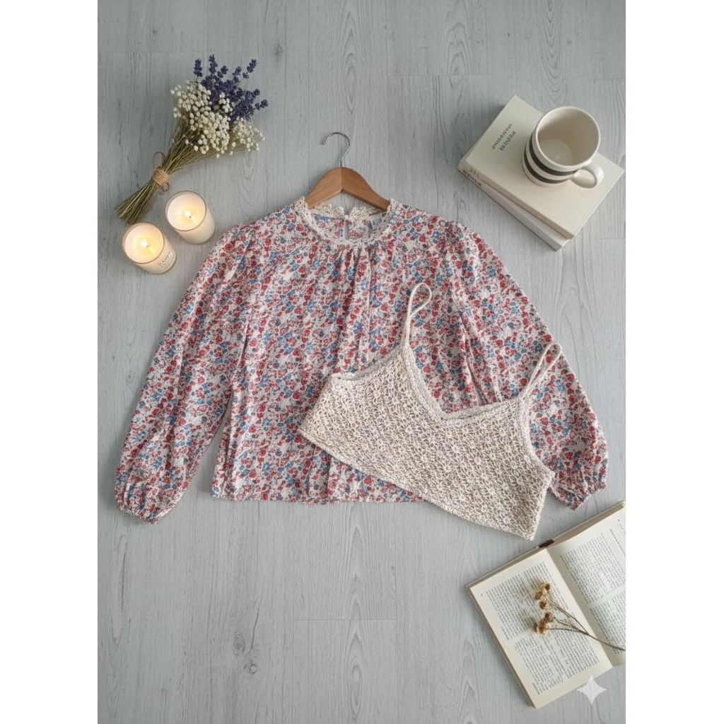 frendi collection | blouse yimina motif bunga mix rompi rajut