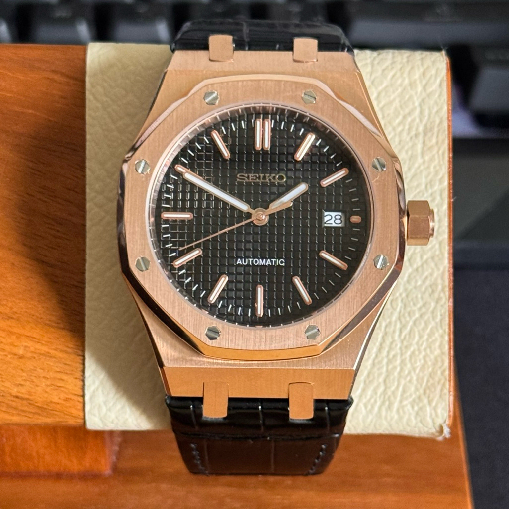 Seiko Oak Rosegold Black Leather Strap Alligator NH35 Automatic Special