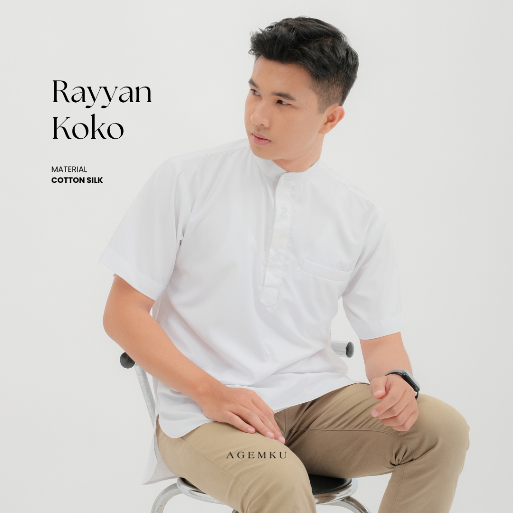 (Rayyan Koko - Cotton Silk) Kemeja Pria Muslim Lebaran Basic Polos Lengan Pendek - Ready Size Kecil 