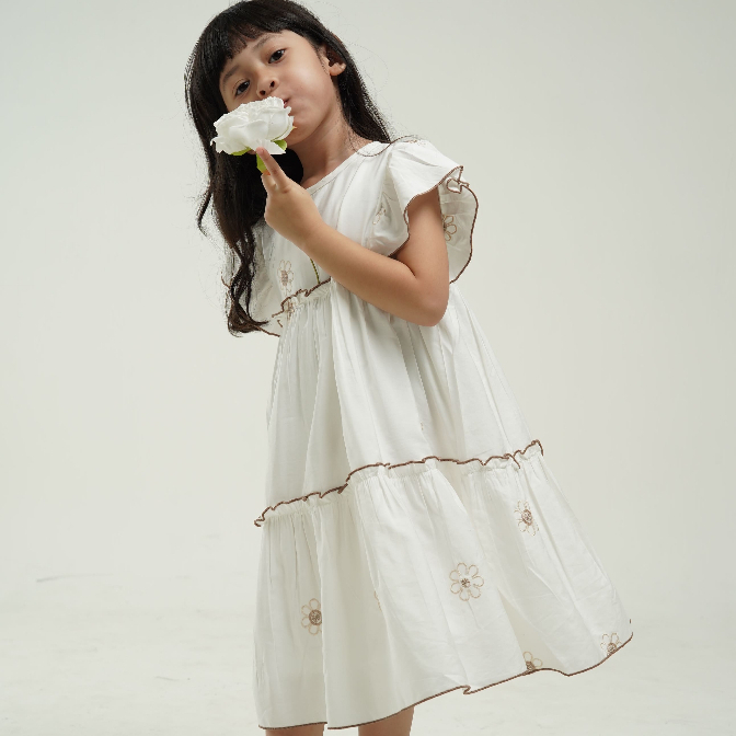 Liora Dress Broken White - Creamy Flower - Premium Pure Cotton with Embroidery (dress anak katun bor