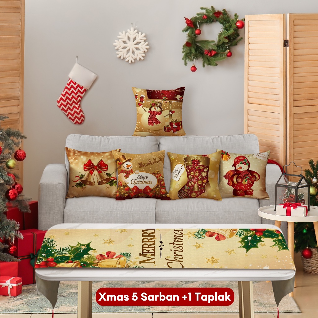 Natal Cetak Linen 40*40cm Sarung Bantal+ Taplak Meja Setelan Dekorasi Xmas Rumah 6 Buah Set Alas Mej