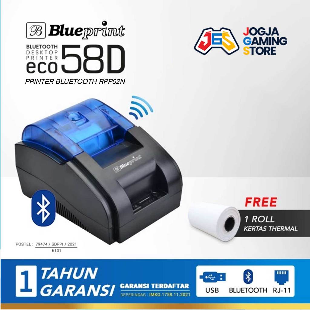Printer Bluetooth Thermal Kasir 58mm ECO58D Desktop ECO 58D Blueprint Colok Listrik Non Battery ( US