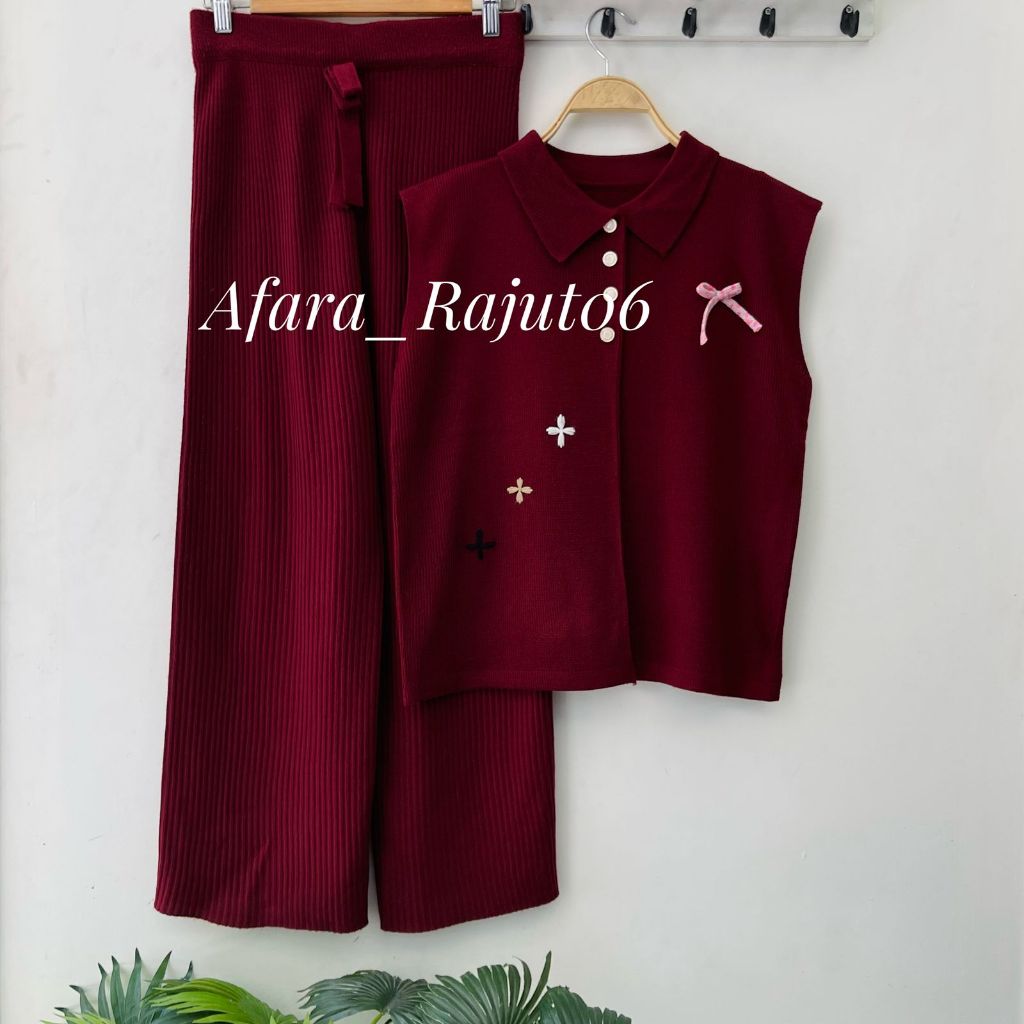 Oneset Auraa Vest Rompi Rajut Kerah Polo Kancing Motif Bunga Pita Setelan Celana Kulot Premium Wanit