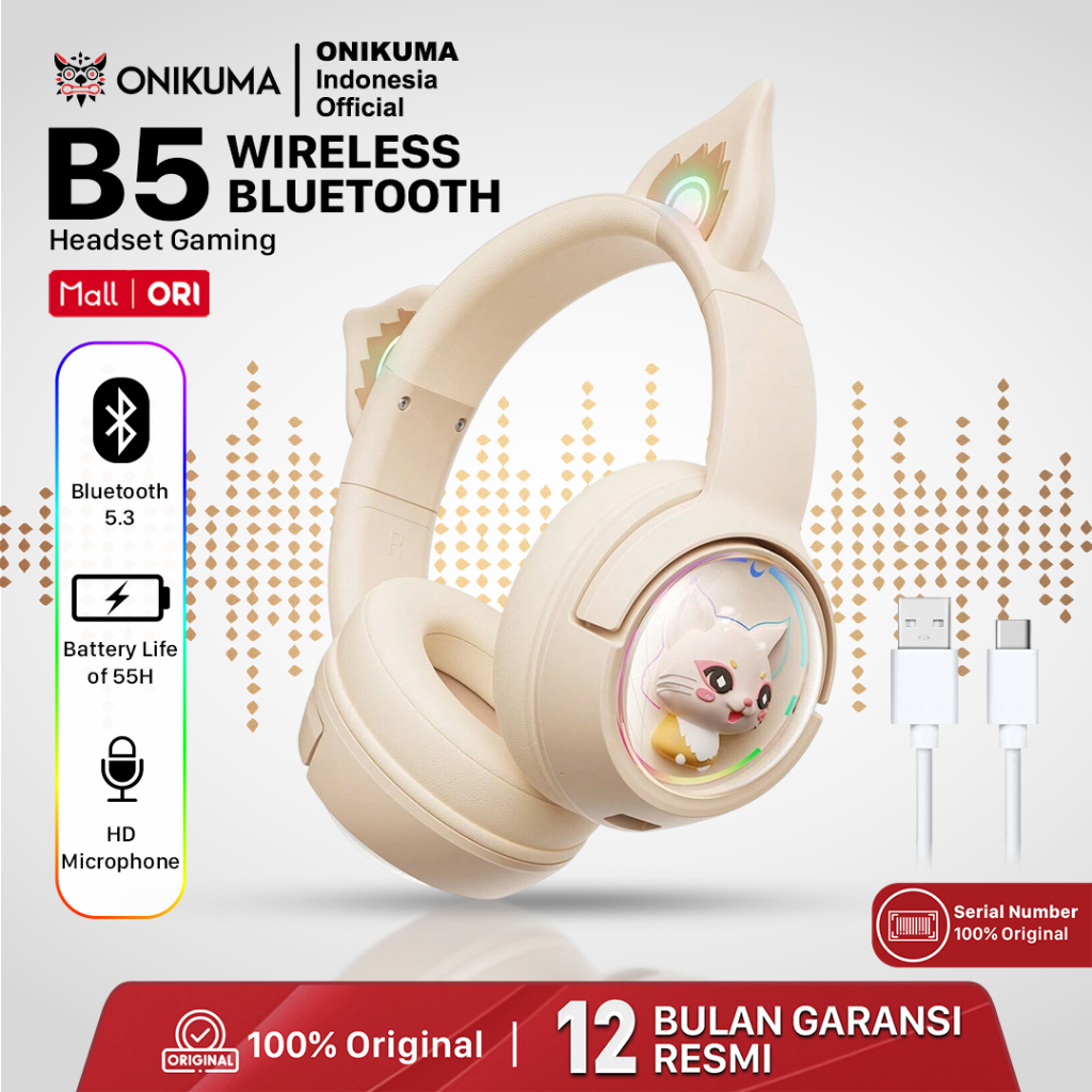 ONIKUMA B5 Headset Gaming Cat Ear Bluetooth-Bluetooth, Mic, RGB, Gaming & Musik-Headset & Earbud Blu