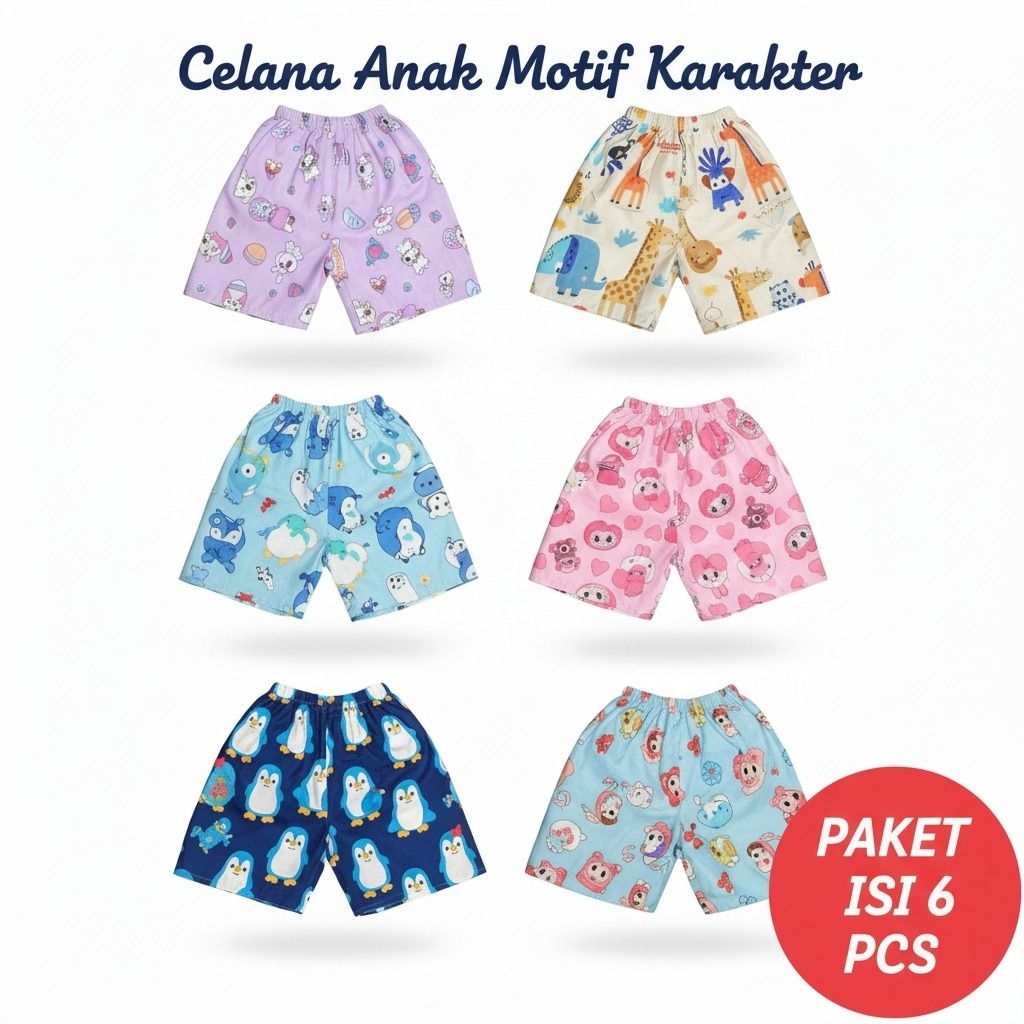 Paket isi 6 Pcs Celana Kolor Anak Perempuan Motif Karakter Usia 1-10 Tahun Celana Pendek Anak Motif 