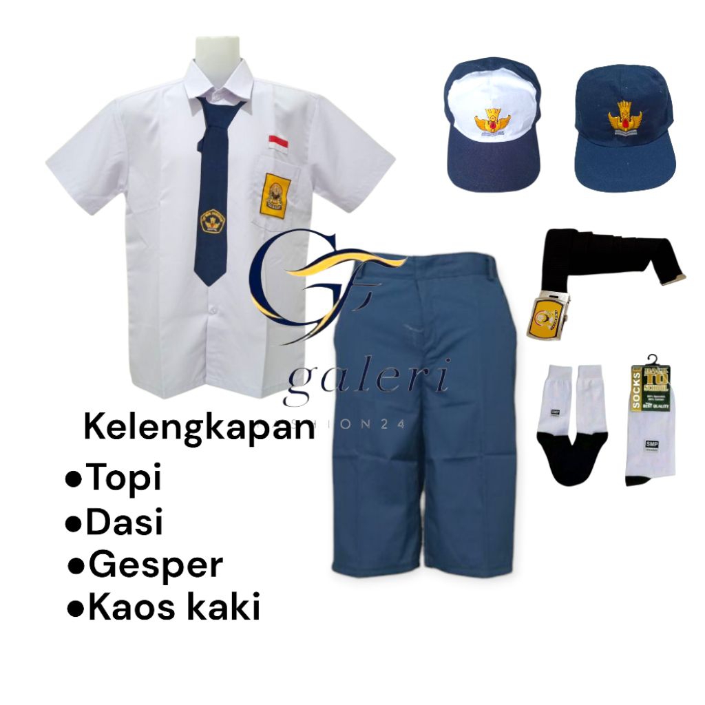 Setelan Seragam SMP Laki Laki Baju Putih Pendek Celan Biru Pendek Seragam Sekolah Smp Biru Putih