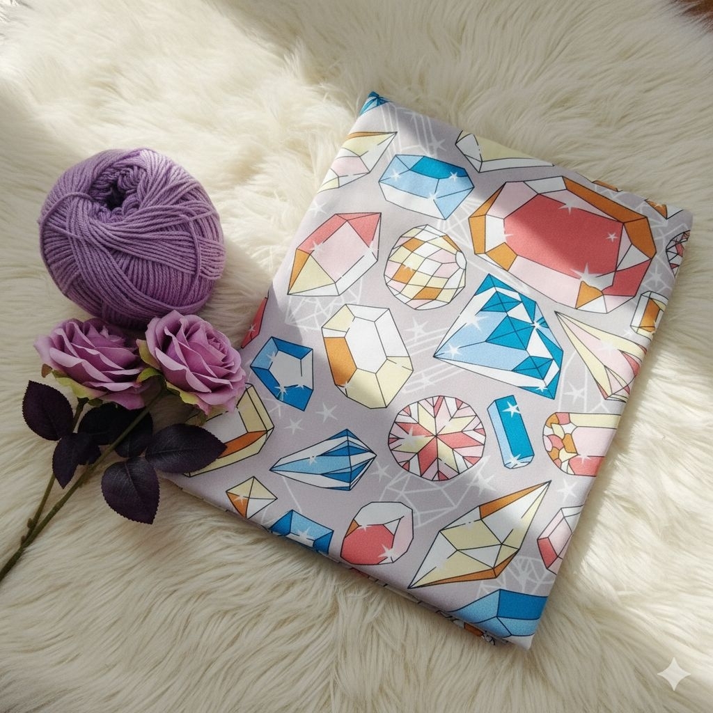 Kain Satin Motif Kristal / Permata (Gemstone) Warna Pastel | Bahan Piyama Baju Tidur Anak | Satin Me