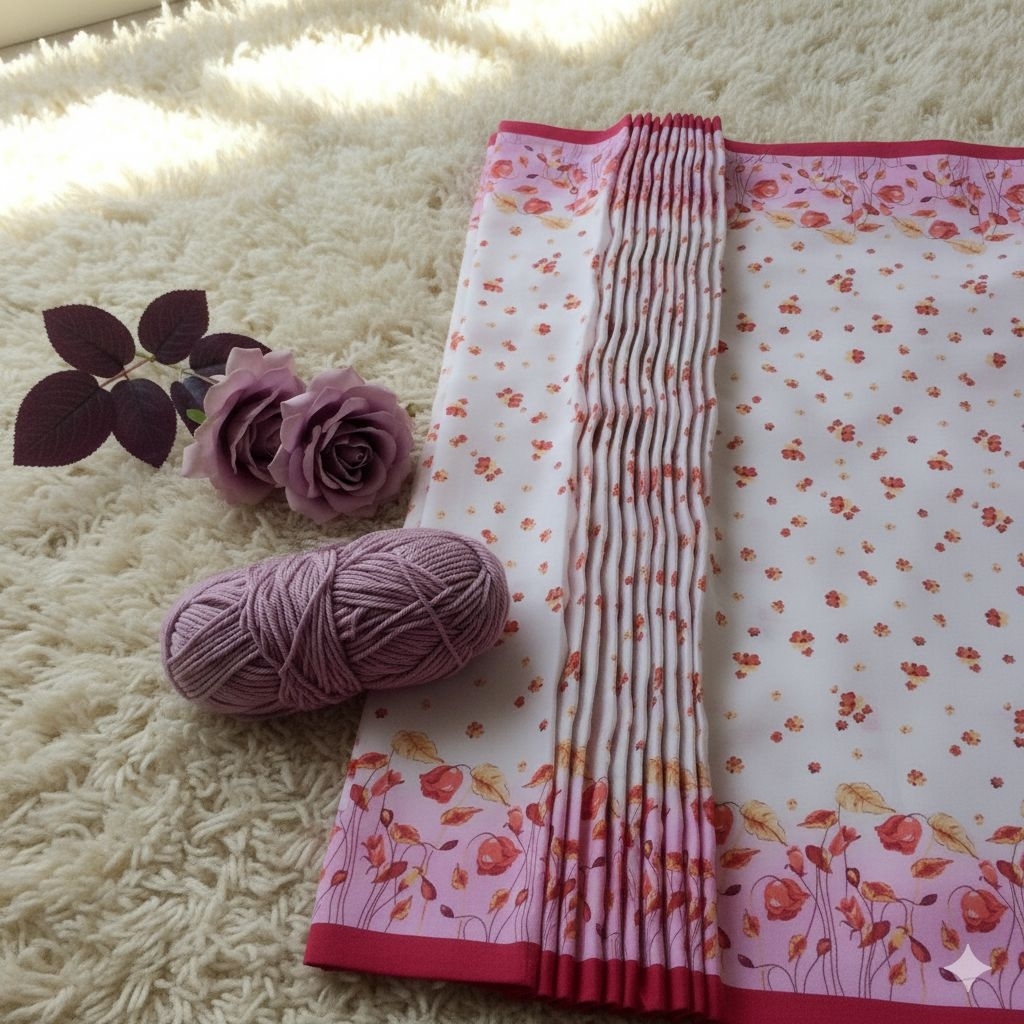 Kain Ceruty / Sifon Motif Bunga Kecil Tabur dan Border Mawar | Dasar Putih Pink | Bahan Dress Hijab 