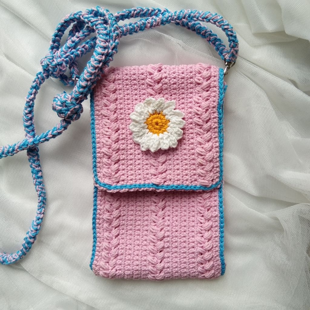 TAS HP RAJUT DAISY | TAS SELEMPANG | Tas Bahu | Shoulder bag | Sling bag | motif bunga daisy