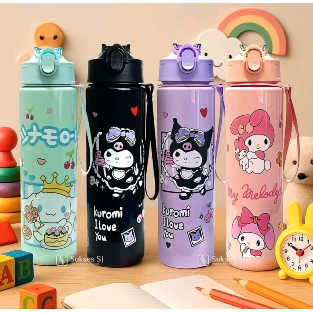 Botol Minum Anak Motif Sanrio Lucu Kapasitas 900ml Hitam Pink Plastik Ungu Bottles Kitchenware Sedot
