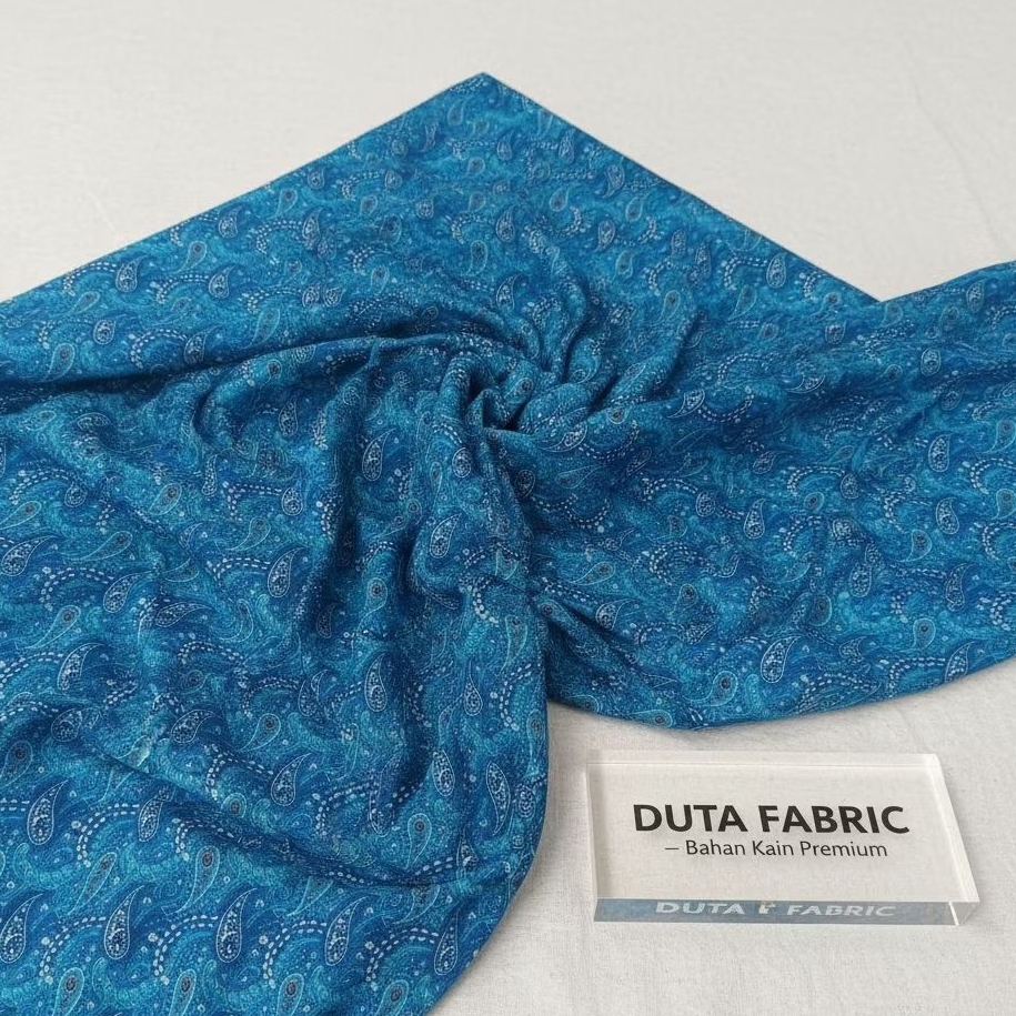 Kain Rayon Viscose Motif Paisley Biru Tosca Meteran | Bahan Baju Daster Tunik Gamis Adem Lembut (Har